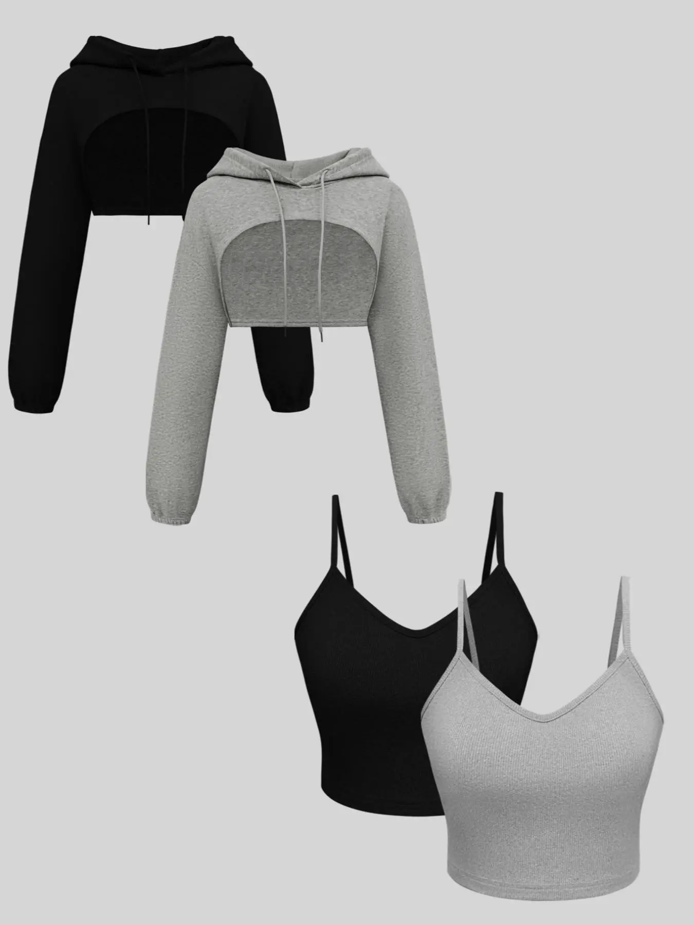 Women's Solid Ribbed Hooded Crop Hoodie & Camisole Top Set, Casual Long Sleeve Hooded Top & Sleeveless Top for Daily Wear, Ladies Clothes for All Seasons Sweatshirts