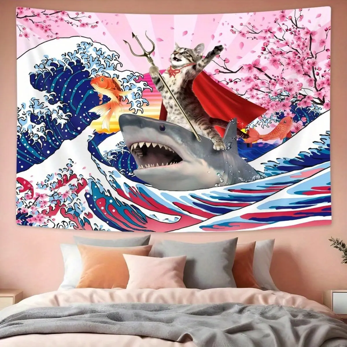 SAOLUIS Funny Cat Riding Shark Tapestry - Japanese Neko- Ocean Wave Wall Hanging, Cute Kitten & Shark for Dorm Room Decor,, for /Christmas - Fabric Art Suitable for Bedroom, Living Room, Dorm Decorations