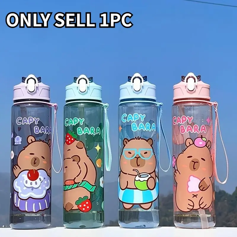 Cute Cartoon Capybara Plastic Portable Water Bottle, Drinkware, 700ML/23oz, with Lid, Straw, Handle, Ideal for Holidays, School, Outdoor Activities, Birthday Gifts, Portable Bottles