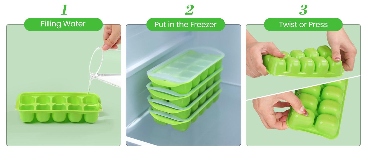 Ice Cube Tray with Lid and Bin - 4 Pack Ice Bucket Kits, Stackable Silicone Ice Trays for Freezer, Easy Pop Out, BPA Free for Cocktail, Coffee, Soup, Food, RV, Kitchen