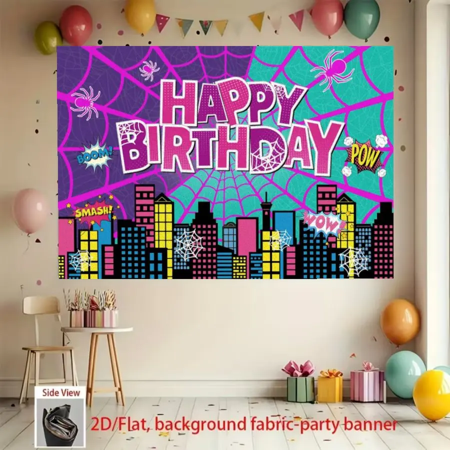 Cartoon City Spider Birthday Background Banner, made of polyester material, suitable for living rooms, bedrooms, offices, birthdays, anniversaries, home decor, outdoor and indoor parties, photography background fabric