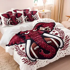 3 Pieces Sporty Red Glitter Elephant Football Bedding Set, HD All Season Printing, 1 Duvet Cover + 1/2 Pillowcases Without Filler, Bold Sparkly Elephant & American Football Print Decor Bedding for Home & Sports Fans Bedroom