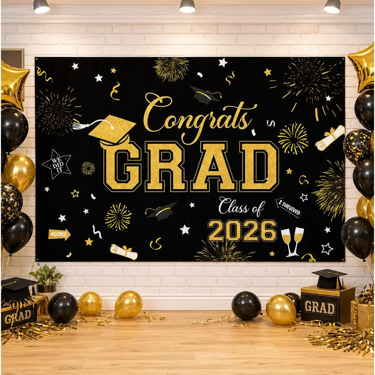 SummerVibes Large Bold Reusable Class of 2026 Graduation Decoration Banner Backdrop (47.24in x 70.87in), Black Congrats Grad Decor, Festive Party Supplies with Bright Colors-Stars-Caps-Confetti, Easy-Install Hanging Loop for Photo Booth Setup