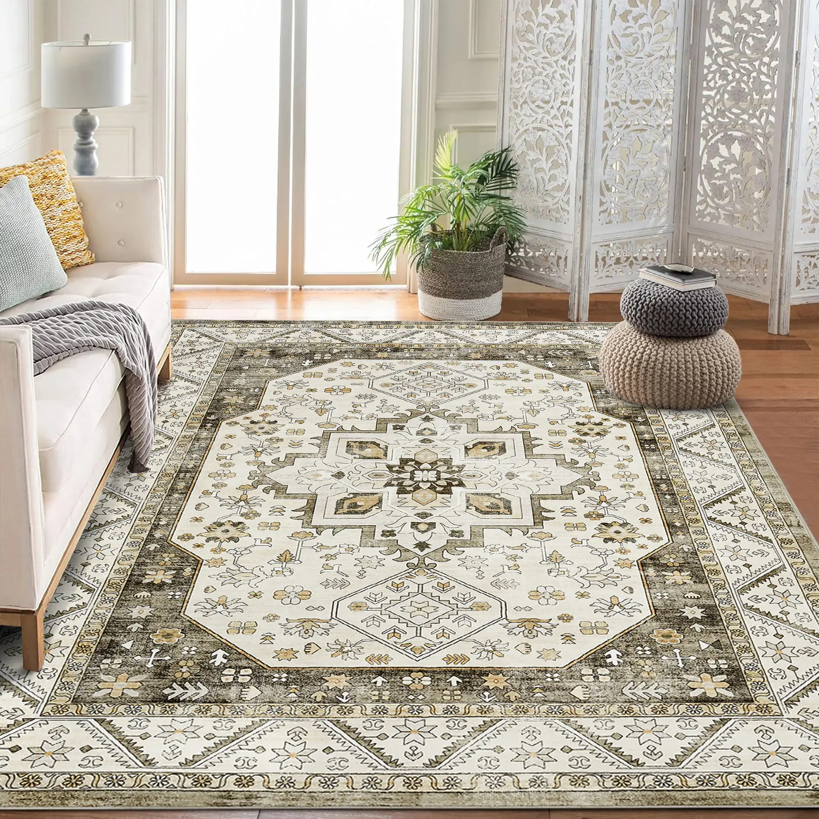 Vintage Boho Area Rug – Soft Short Pile, Washable & Non-Slip Carpet – Non-Shedding Floor Rug for Living Room, Bedroom, Office