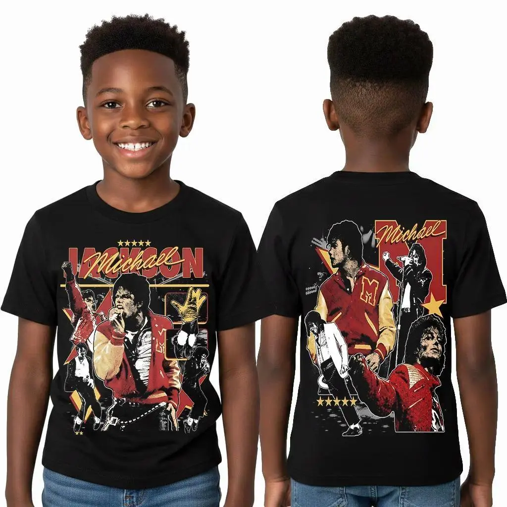 Michael Jackson Kids Graphic Tee - Family Matching Pop Star T-Shirt for Toddlers Girls Boys - Retro Thriller Red Varsity Jacket Design - Premium Cotton Youth Concert Merch - Gift for Fans