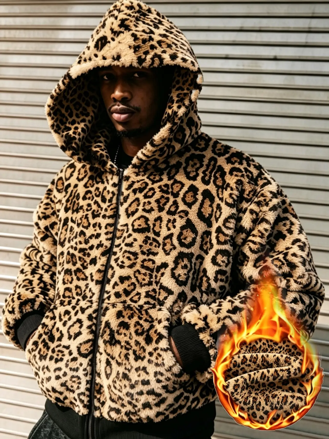 Men's Leopard Print Fleece Hooded Jacket, Soft Warm Long Fleece Material, Loose Fit Zipper Hoodie, Hip Hop Style, Casual, Campus Streetwear
