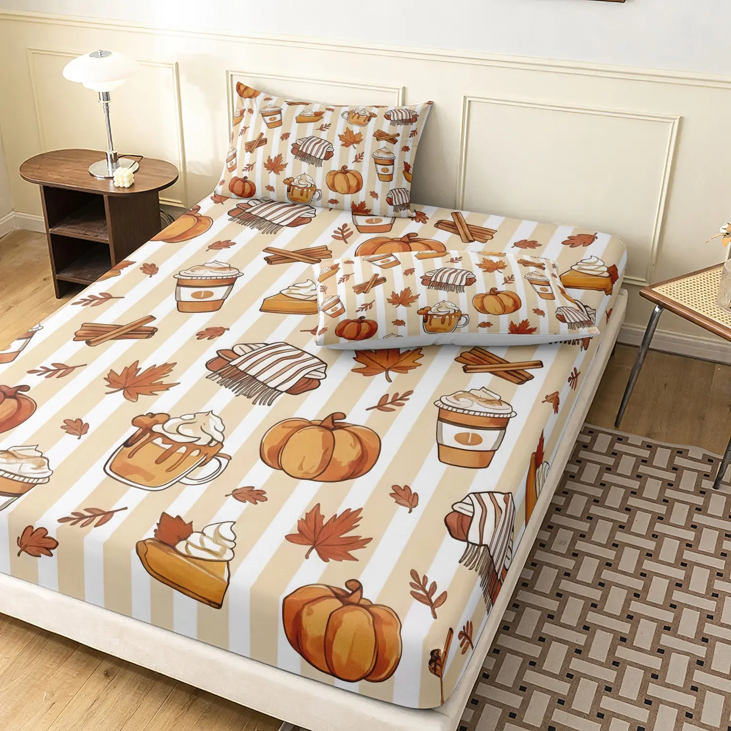   3pcs Warm Fall Pumpkin Spice Latte Fitted Sheet Set, Coffee Striped Pumpkin Maple Leaf Cute Holiday Printed Bedding for Men Women Bedroom Winter Decoration Halloween Gifts, Machine Washable (1 Bed Sheet+2 Pillowcases, No Pillow)