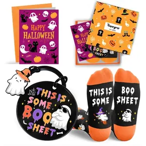 Halloween Gifts for Adults - Spooky Gifts for Women Men, Halloween Ghost Socks for Teens, Stocking Stuffers with Cards Key Chain for Men Women