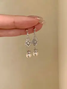 Elegant Hollow Out Zircon Drop Earrings, Imitation Pearl, Rhodium Plated, Evening Gown Jewelry, All Seasons