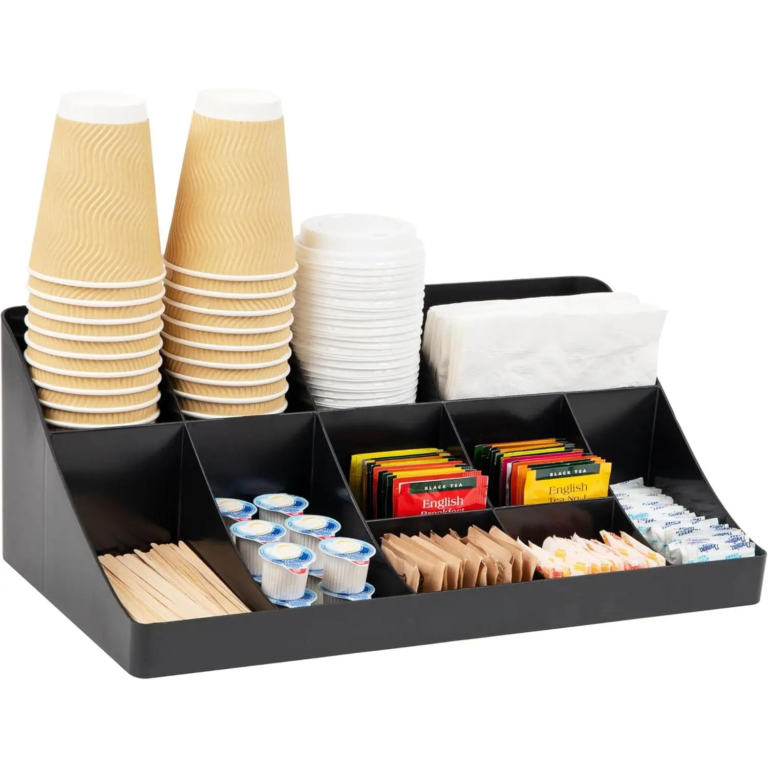 Mind Reader Compartmentalized Functional Countertop Cup & Condiment Station Organizer, Kitchen Coffee Bar Storage with Multiple Slots & Stirrers, 17.875in x 9.5in x 6.625in, Black