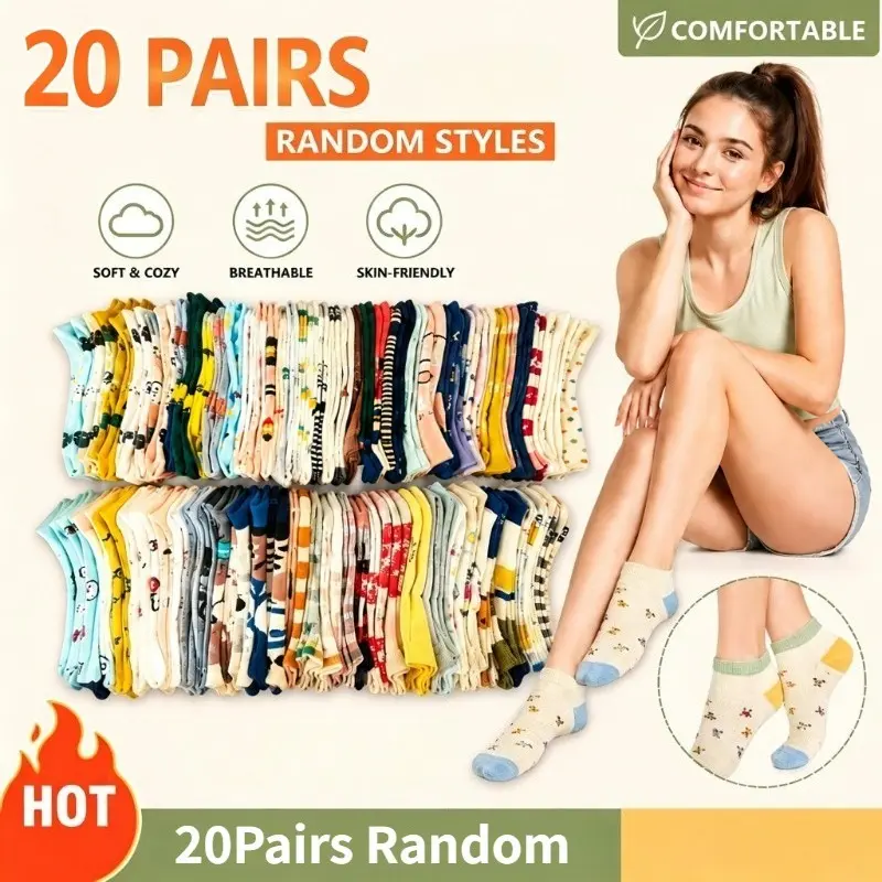 20 Pairs Men Women Ankle Socks with Random Cartoon Graffiti Patterns, Soft Stretch Breathable Cushioned Comfort Fit Lightweight Fun Colorful Socks for Everyday Casual Wear Summer Fashion Trend, Perfect for Running Walking Traveling Gym Outdoor
