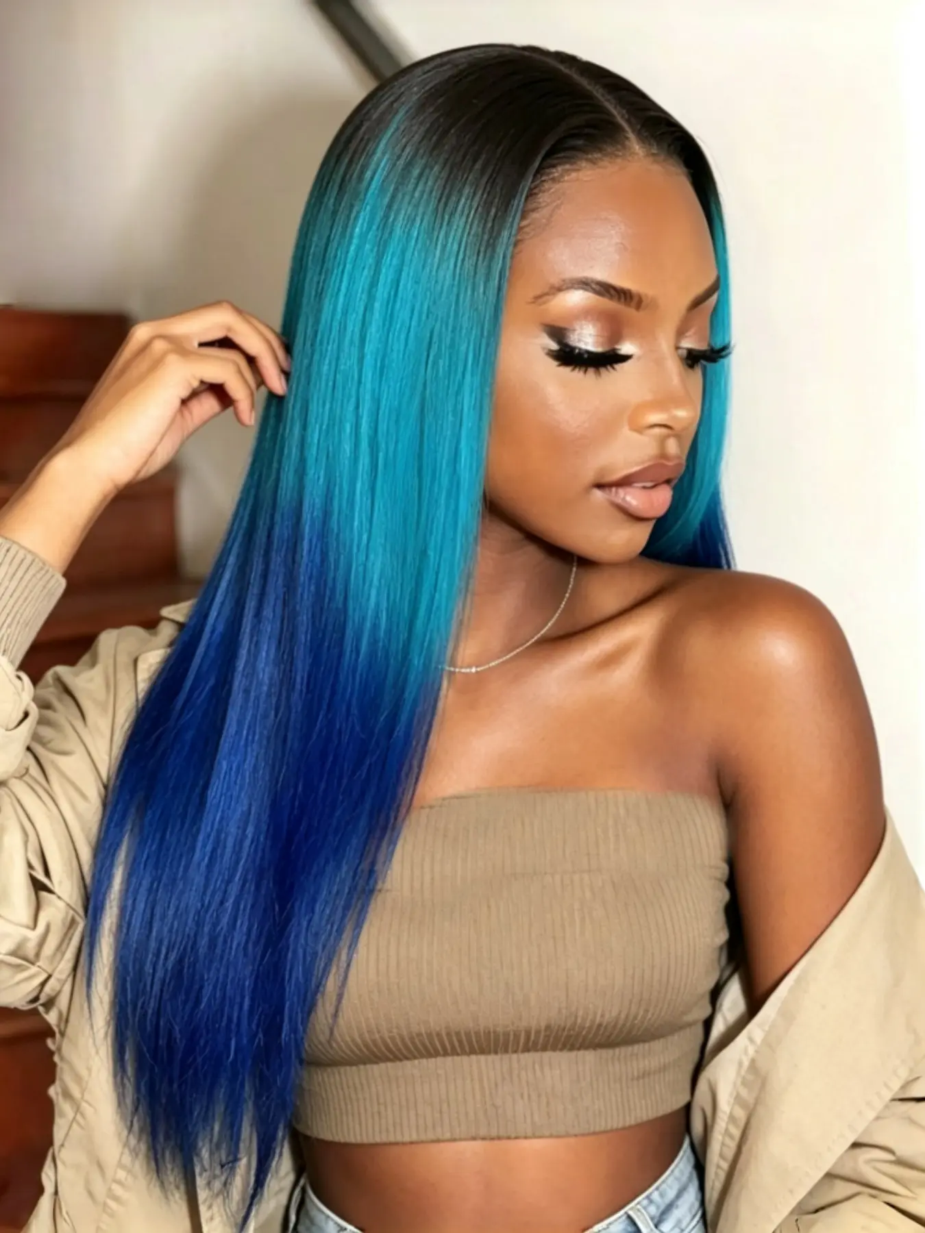 24 Inch Straight Ombre Root Turquoise to Royal Blue Human Hair Wig, 13x4 Transparent Lace Front, Pre Plucked Natural Look
