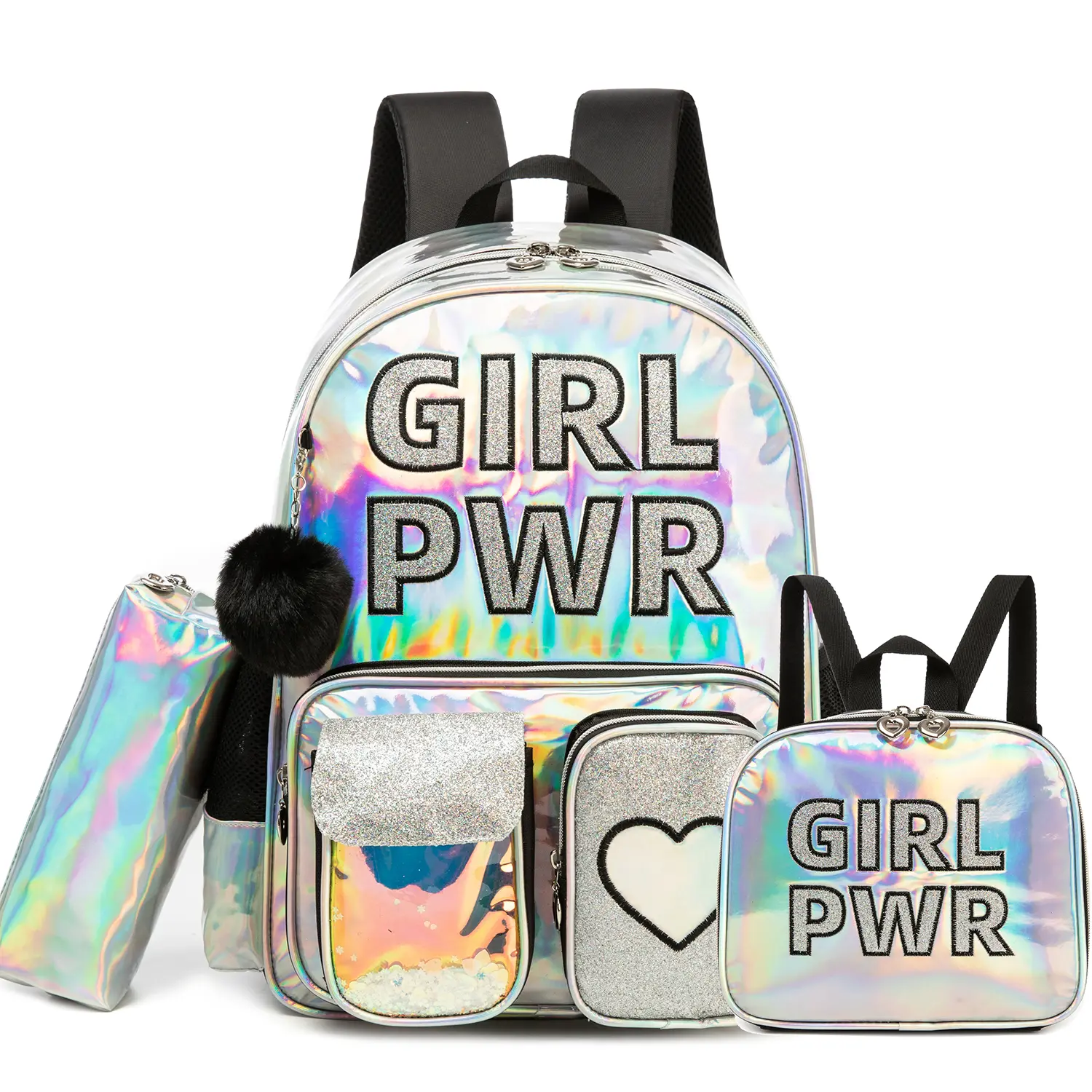 3-Piece Girls Silver Holographic Backpack Set | Metallic Iridescent GIRL PWR Shimmering Bookbag with Lunch Box & Pencil Case | Y2K Cool Glitter Schoolbag for Teens