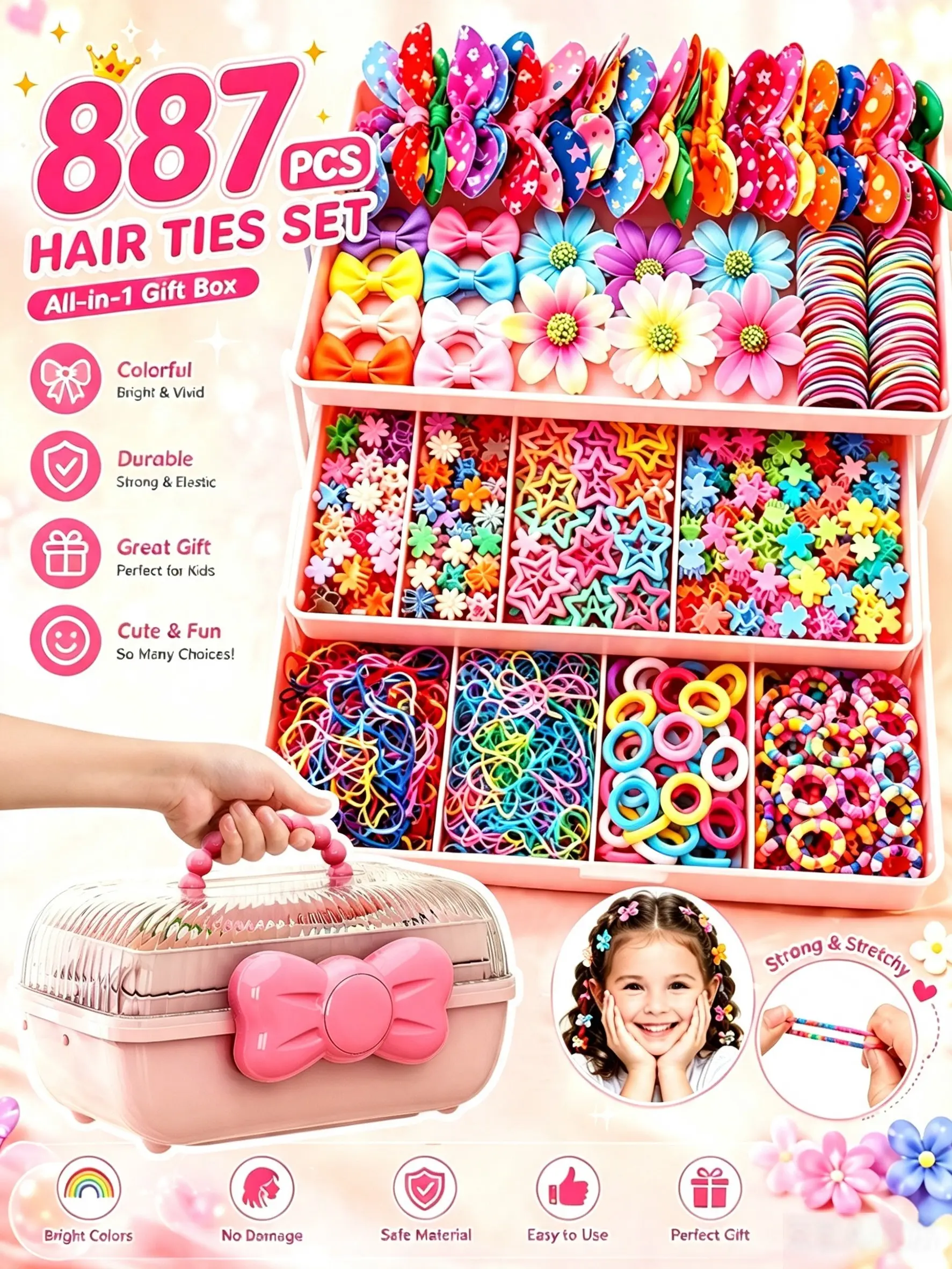 887 pieces/set rainbow hair accessory set, comes with a three-layer storage box, includes hair-friendly disposable elastics, bow hair ties, flower and star hair clips, a complete hair accessory gift box for little girls, perfect gift