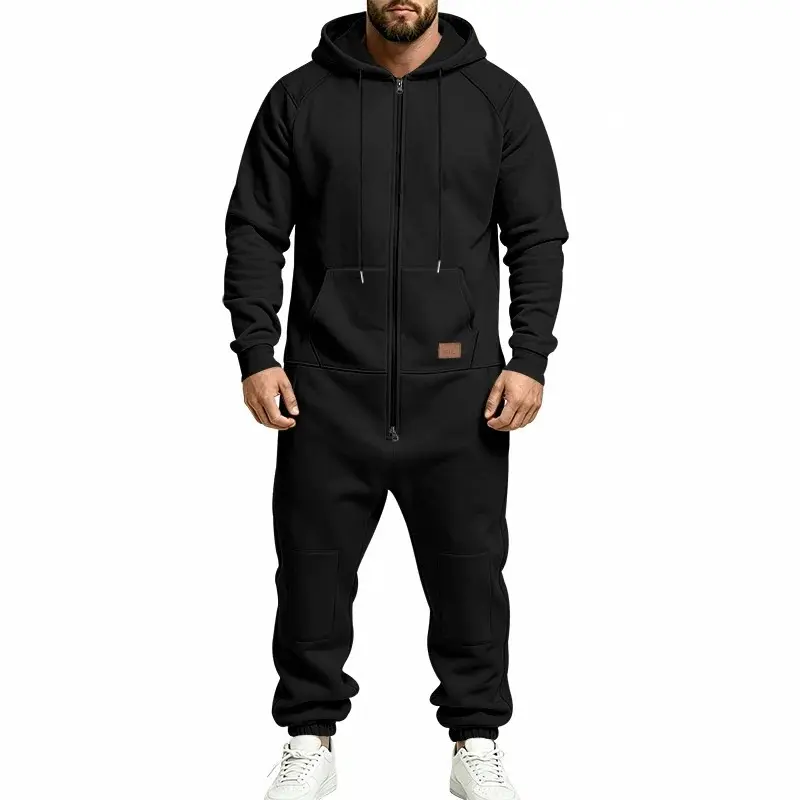 Men’s Fall/Winter Hooded Cargo Jumpsuit, Multi-Pocket Full-Zip One-Piece Outfit With Cuffed Long Pants, Relaxed Fit Casual Workwear For Outdoor Activities, Daily Wear And Travel