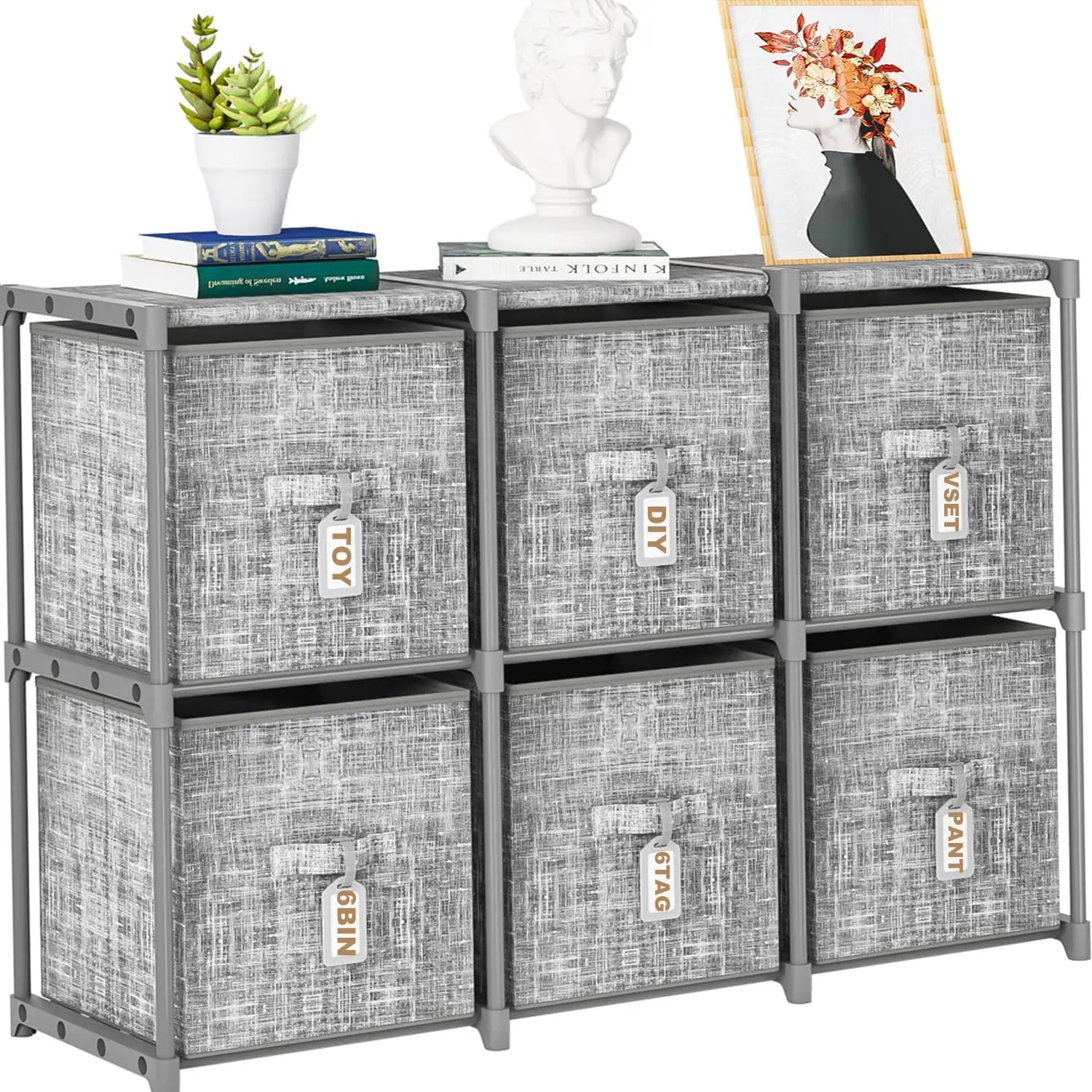 Cube Storage Organizer Shelf + 6 Bins + Labels | Adjustable Modular Cubby Organizer, Beautiful Printed Storage Shelf, Large Capacity, Living Room, Dorm, Yarn