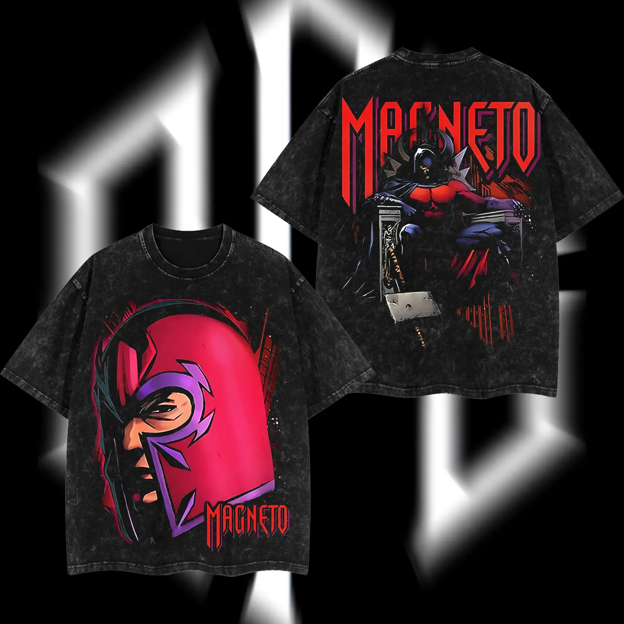 Retro Magneto Red Purple Helmet Bust Portrait Bottom "MAGNETO" Letter Front Chest Print & Giant Layered Red Purple "MAGNETO" Header Throne Seated Full Body Villain Back Graphic Dual-Sided Vintage Washed Black T-Shirt, Unisex Oversized Heavyweight Cotton S