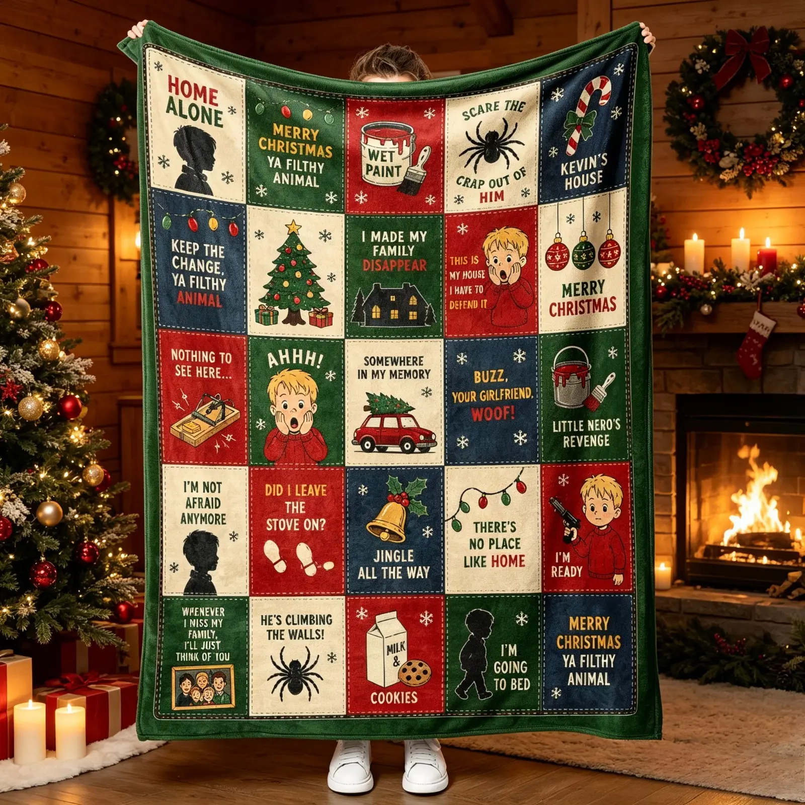 Christmas Patchwork Flannel Fleece Blanket, Retro Plaid Holiday Throw Blanket with Classic Movie Quote Style Print, Soft Cozy Winter AC Blanket for Kids & Adults, Merry Christmas Home Decor Essential, Warm Sofa Bed Blanket Gift for Movie Fans, College Dor