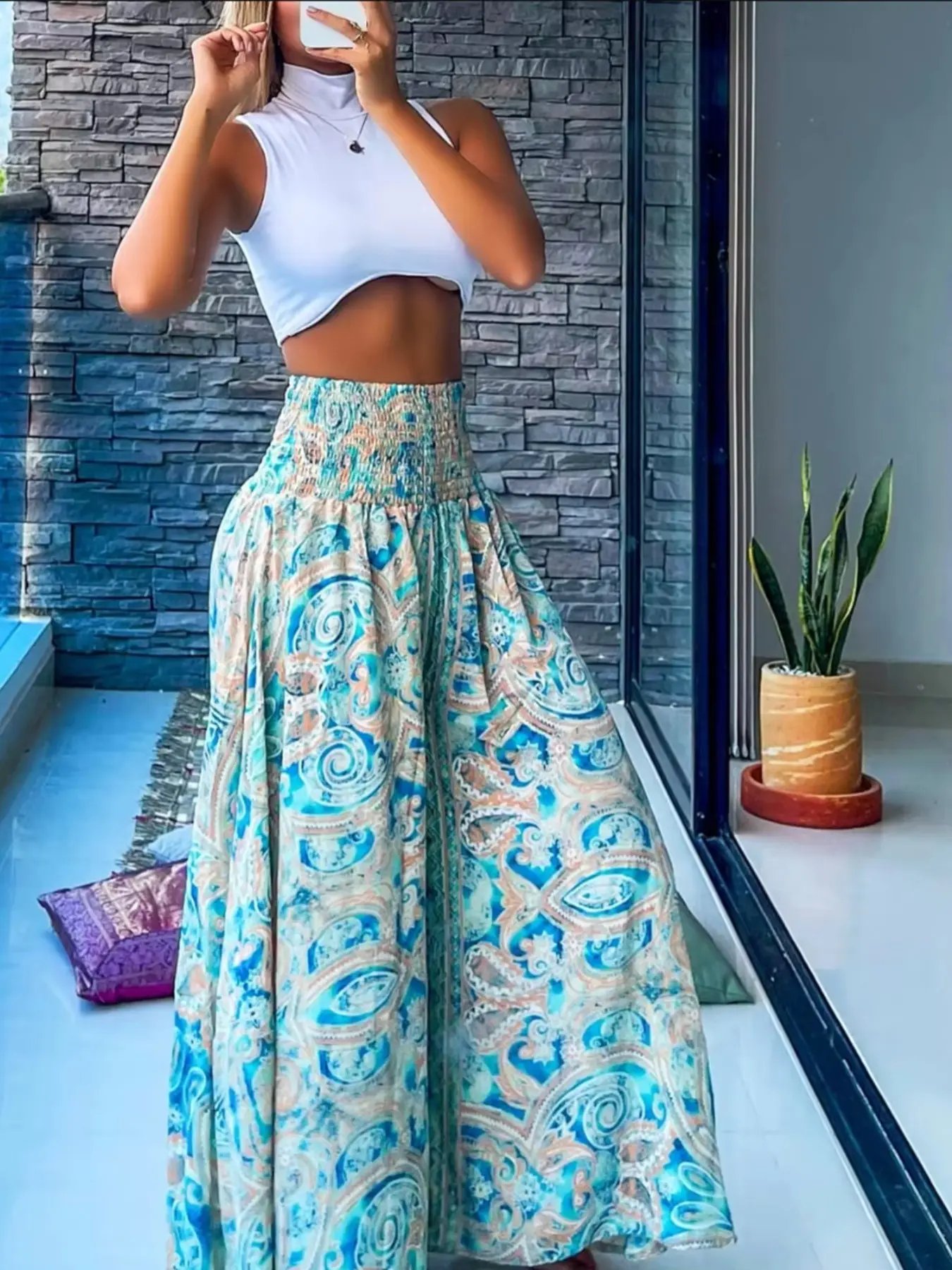 Boho Bohemian Ethnic Paisley Print Wide Leg Baggy Bottom Pants, Loose Fit High Waist Elastic Waistband, Breathable Summer Beach Pants, Long Trousers for Women