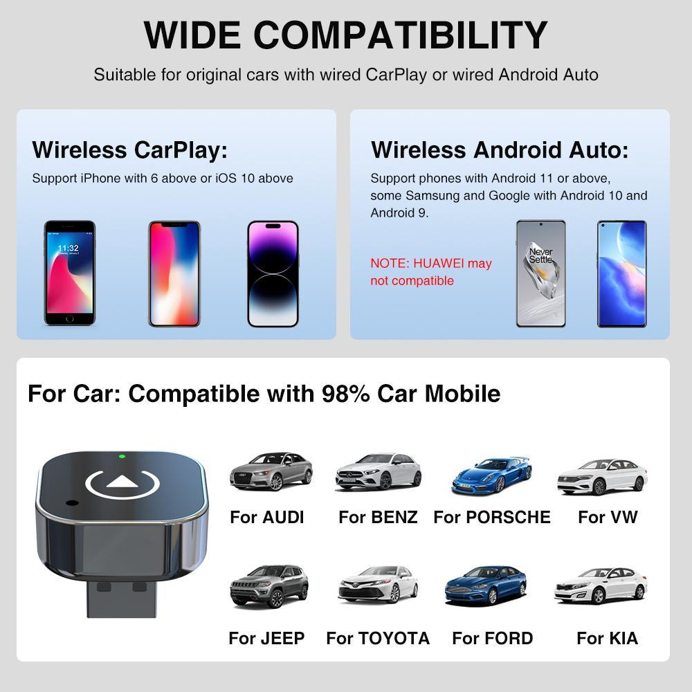 Wireless Car Adapter, Portable Wireless Adapter, Car Smart BT Connector for iPhone & Android Phone, Car Electronics Accessories, Carplay Converter