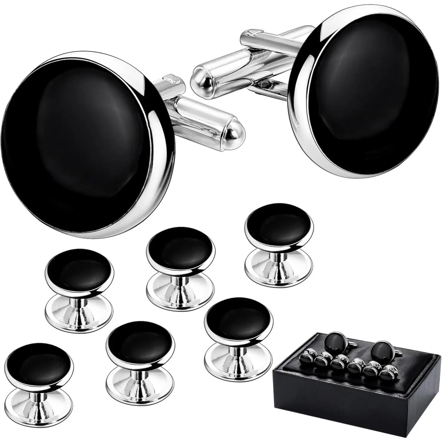 Men’s Cufflinks and Tuxedo Studs Set with Gift Box; Men’s Jewelry or Accessories Suitable for Black Suit White Shirts Vest and Red Bow tie on Wedding or Anniversary and Birthday