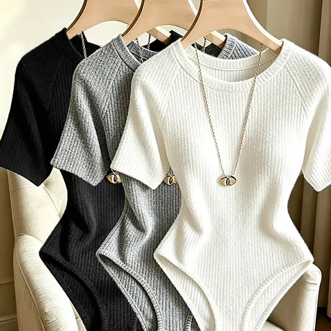 Women's Elegant Ribbed Knit Round Neck Bodysuit, High Stretch Slim Fit Bodysuit, 3-Piece Fashionable Tops for Daily Wear, Soft Knit Bodysuit