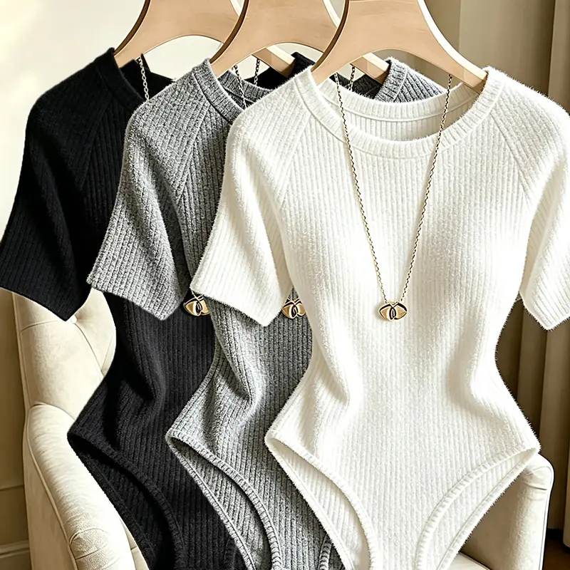 Women's Elegant Ribbed Knit Round Neck Bodysuit, High Stretch Slim Fit Bodysuit, 3-Piece Fashionable Tops for Daily Wear, Soft Knit Bodysuit