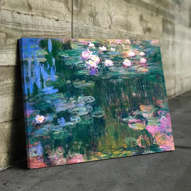 Claude Monet Water Lilies Landscape Canvas Print Wall Art - Retro Wood Framed Artwork for Accent Wall, Minimalist Home Decor Gifts for Thanksgiving, Polka Dot Accent Element Posters & Prints