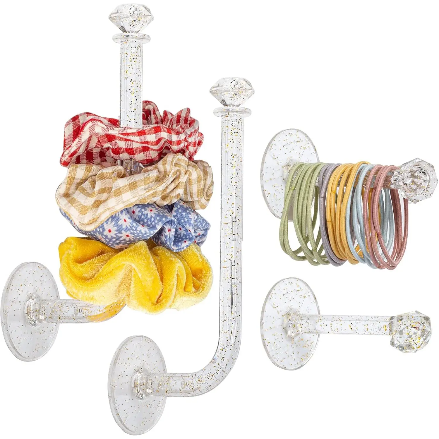 4 count Headband Holder Stand Scrunchie Organizer, Girls Hair Accessories Organizer Storage for Headband Hairband Hair Ties, Clear Glitter Adhesive Scrunchy Holder