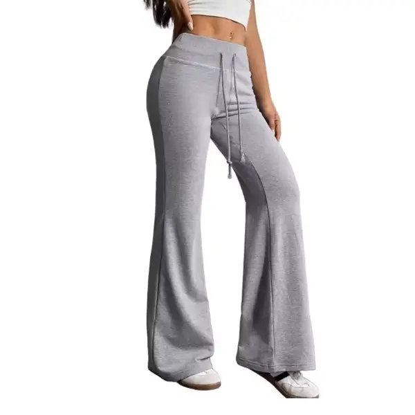 Women's Fashion Bell Bottom Pants - High-Waist Fitted Polyester Leggings with Drawstring, Breathable Style Casual Loungewear Piece, Basic, Fabric, Essential, Full Length, Flared, Fitted Flare, Flattering Flare Fit