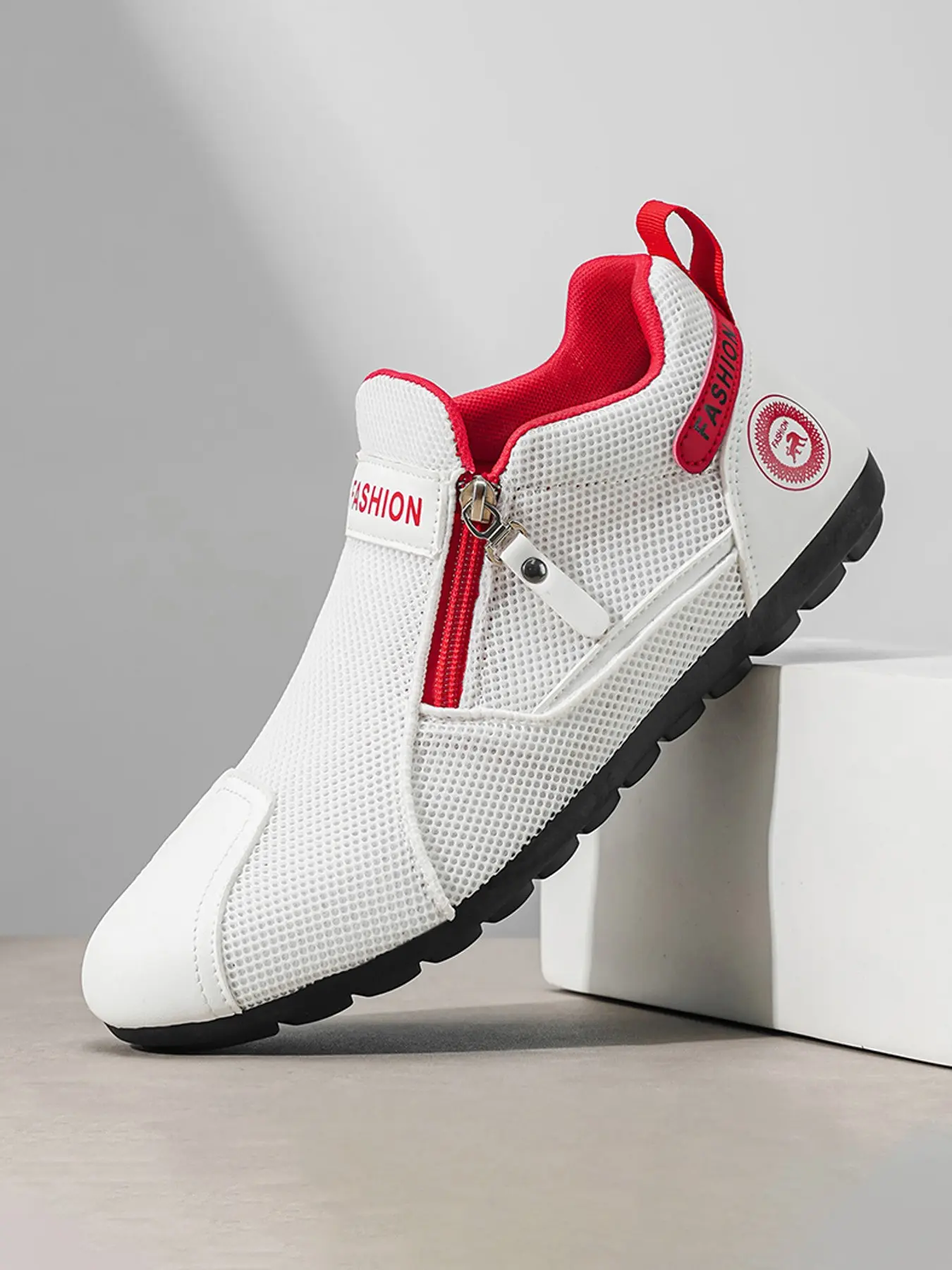 Men's Colorblock Mesh Slip-On Sneakers, Side Zip Lightweight Breathable Walking Shoes, Anti-Slip Soft Sole Casual Driving Shoes