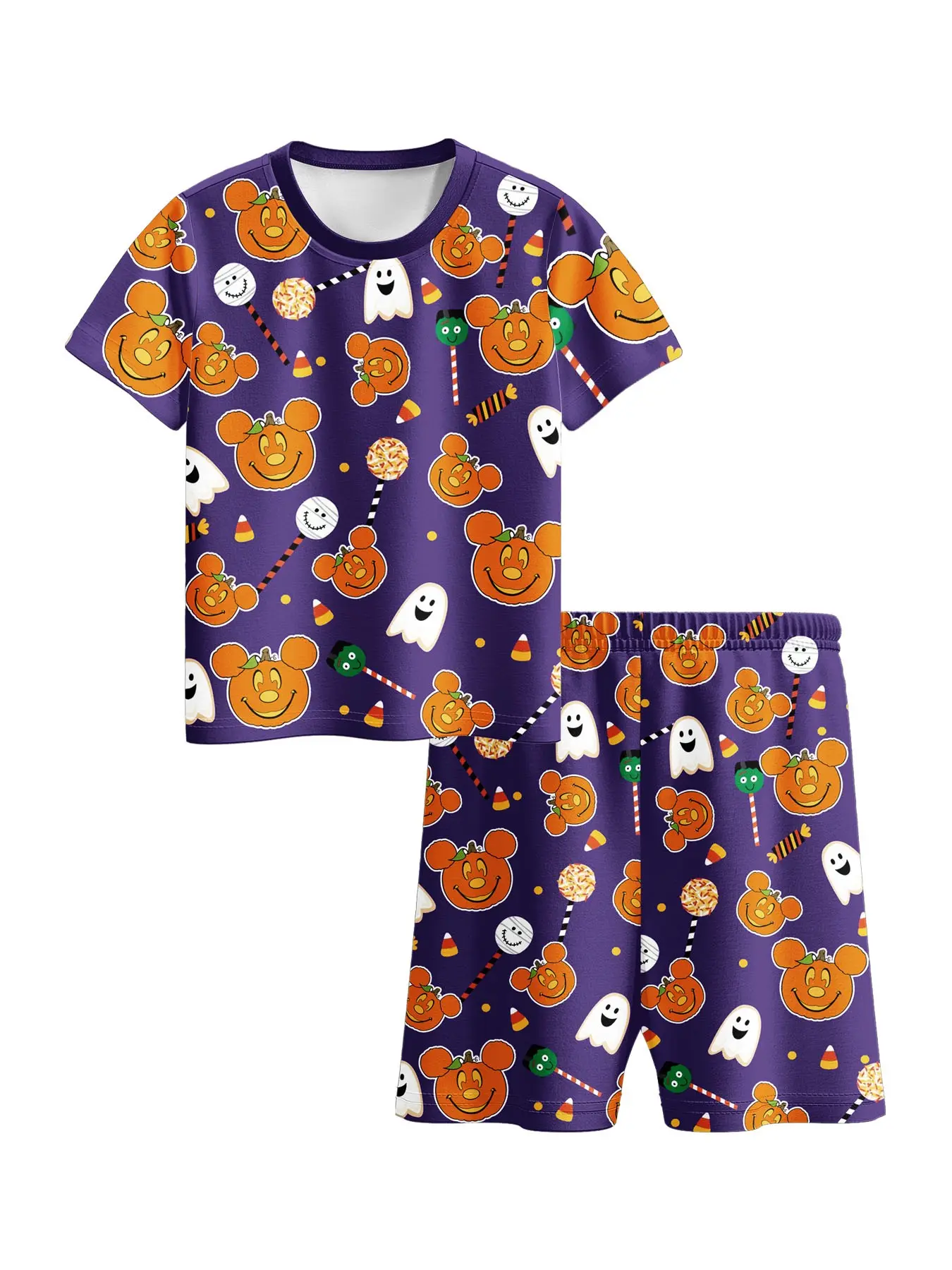 Cute Boy Halloween Costume Set, Short Sleeve Shirt & Shorts, Pumpkin Ghost Print, Festive Kids, Perfect for Holiday Celebrations