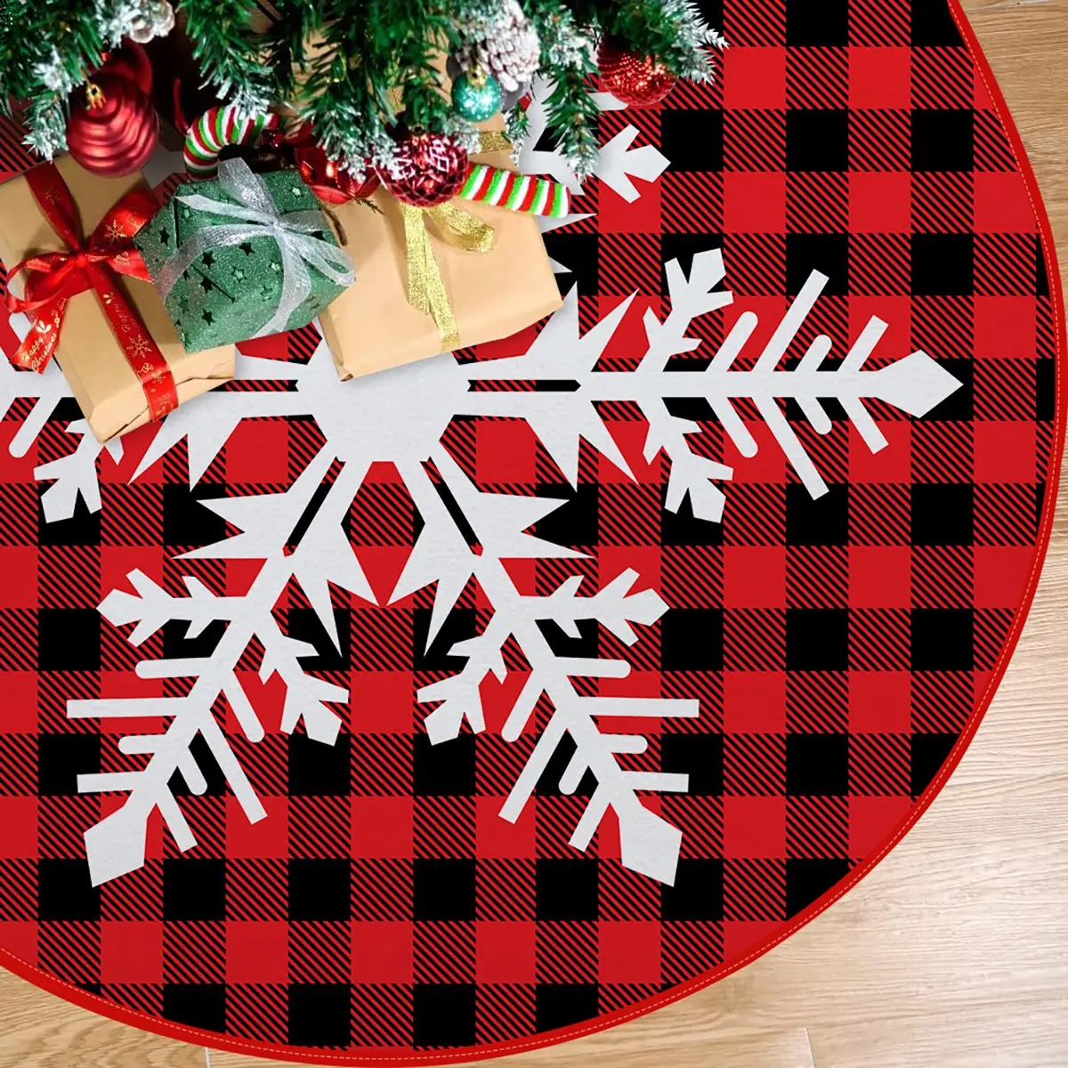 Polyester Christmas Tree Skirt, Plaid Snowflake Pattern, Drawstring Closure, Round Fit, Winter Party Decor, Standard Trees