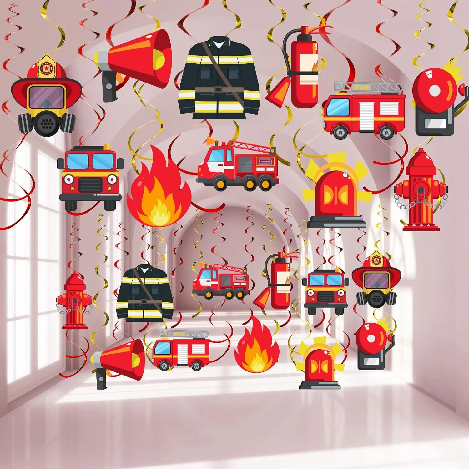 30 count Fire   Swirl Decorations Firetruck Birthday Decorations Firefighter Party Favors Fire  Party  Swirls for Fireman Theme Birthday  Shower