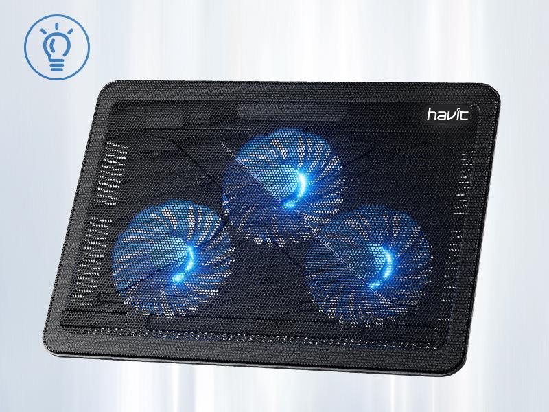 havit HV-F2056 15.6"-17" Laptop Cooler Cooling Pad - Slim Portable USB Powered (3 Fans), Black/Blue