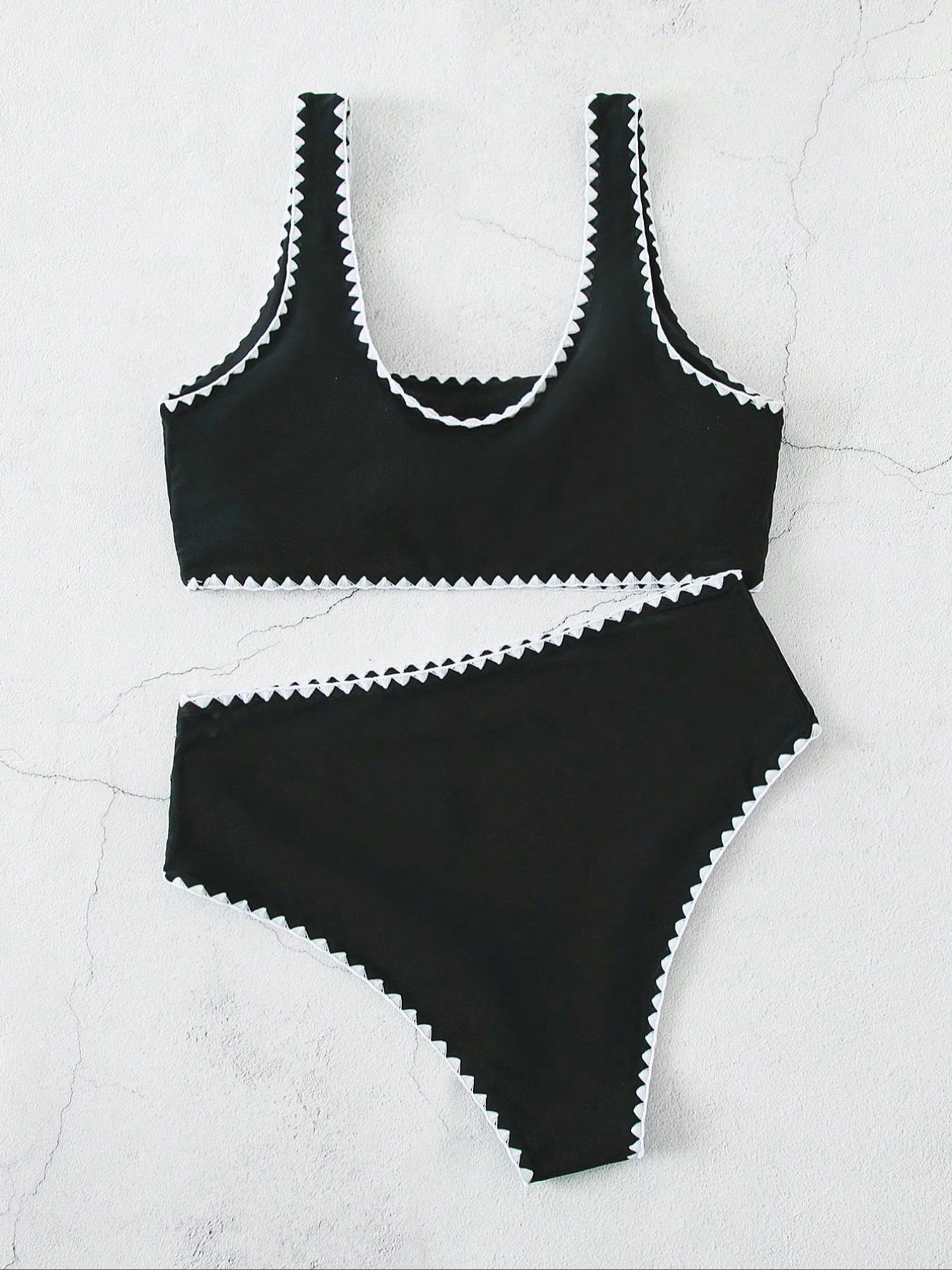 Women's Contrast Binding Bikinis Set, Solid Color U Neck Bikini Top & Swim Thong Swimwear Set, Bathing Suits 2026 for Women, Summer Swimsuit Sets, Ladies Summer Swimsuit for Beach Holiday, Bikini Swimsuits