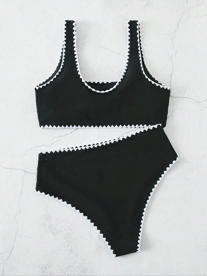 Women's Contrast Binding Bikinis Set, Solid Color U Neck Bikini Top & Swim Thong Swimwear Set, Bathing Suits 2026 for Women, Summer Swimsuit Sets, Ladies Summer Swimsuit for Beach Holiday