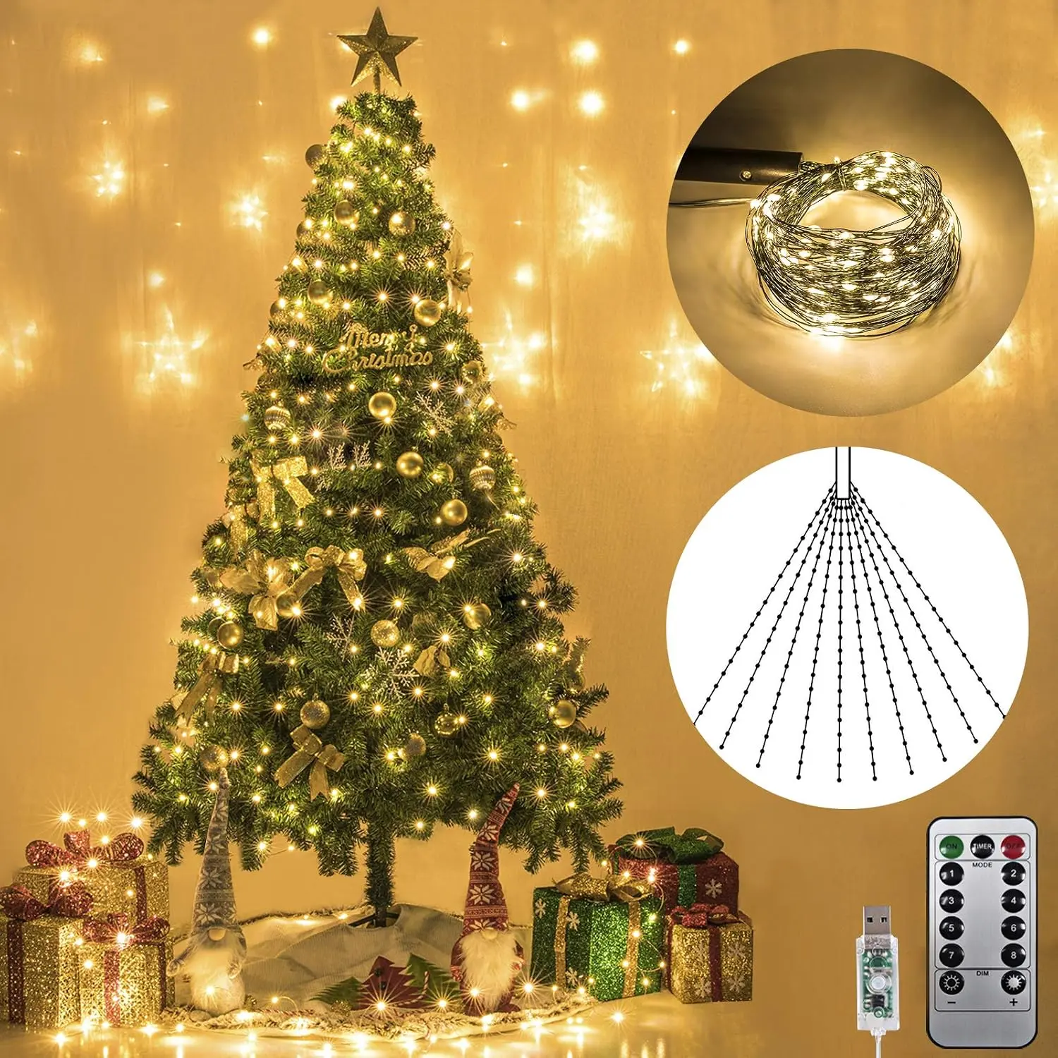 Modern Synthetic 200-LED 6.6ft-Long Christmas Tree String Lights, 6.6ftx10, 8 Modes, USB-Powered with Remote Control, IP44 Waterproof Indoor Outdoor Festive Decoration for Christmas, Wedding