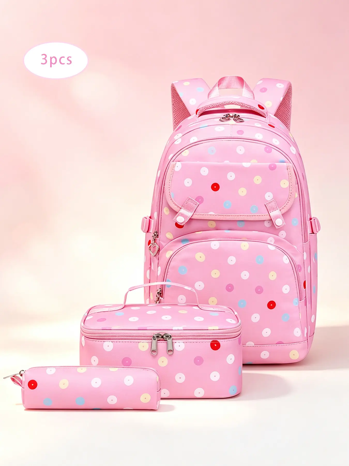 3Pcs Pink Polka Dot Print Backpack Set Heart Zipper Pulls Matching Lunch Tote Pencil Case Padded Mesh Shoulder Straps Multi Zip Pockets for Campus Study Weekend Trips Daily Casual Outings