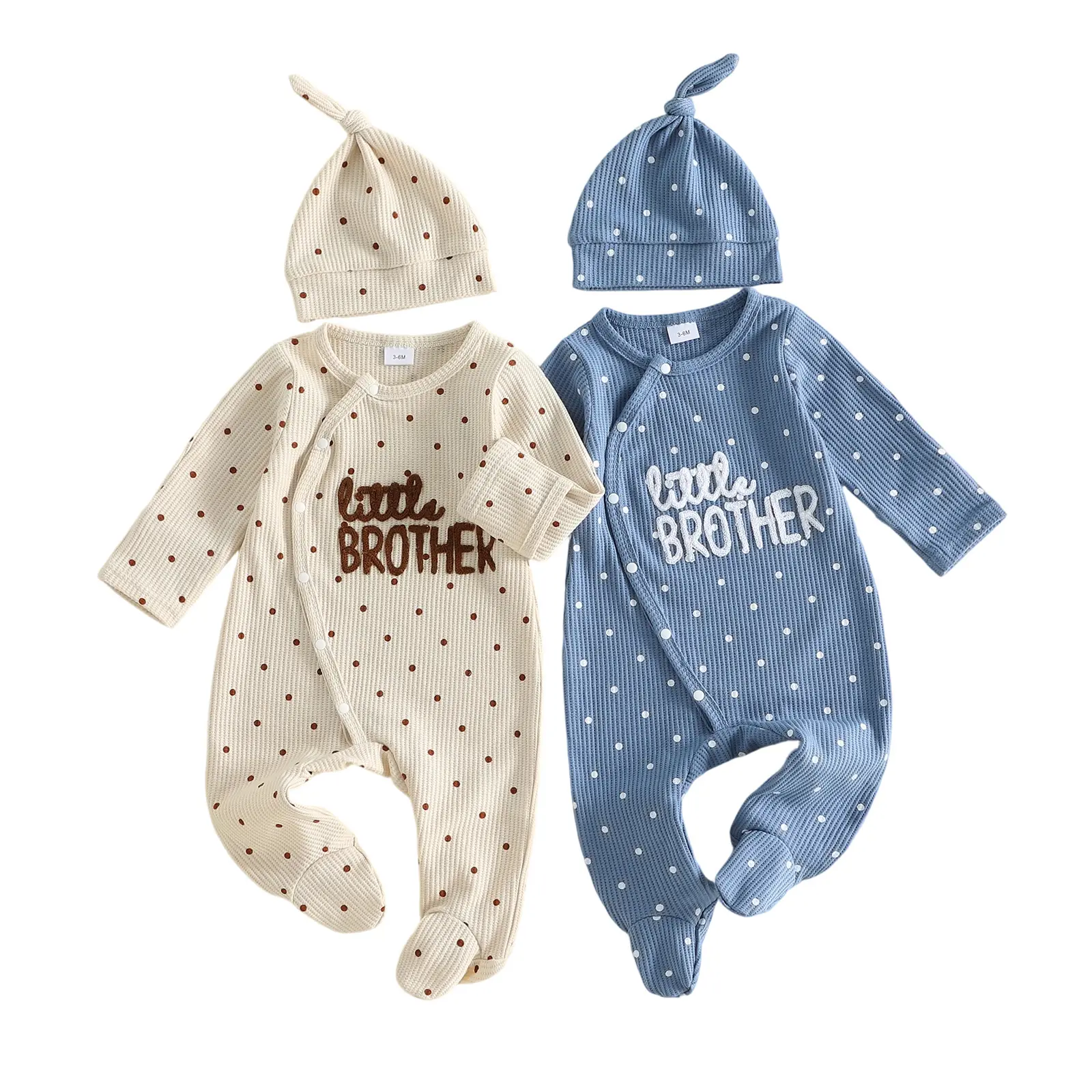 Newborn Baby Boys 2 Piece Outfit Letter Embroidery Long Sleeve Footed Jumpsuit and Hat Set 0-6 Months