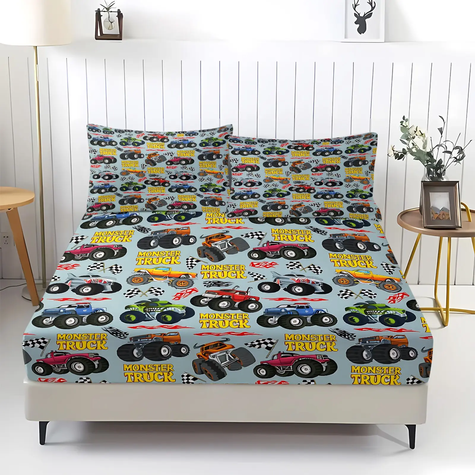 Monster Truck Racing Flag All Over Print Fitted Sheet Set, No Filling Included, Non Slip Mattress Wrap, Machine Washable Fade Resistant, Dorm Use, Bedroom Use, 3 Piece Bedding Set Perfect For Dorm