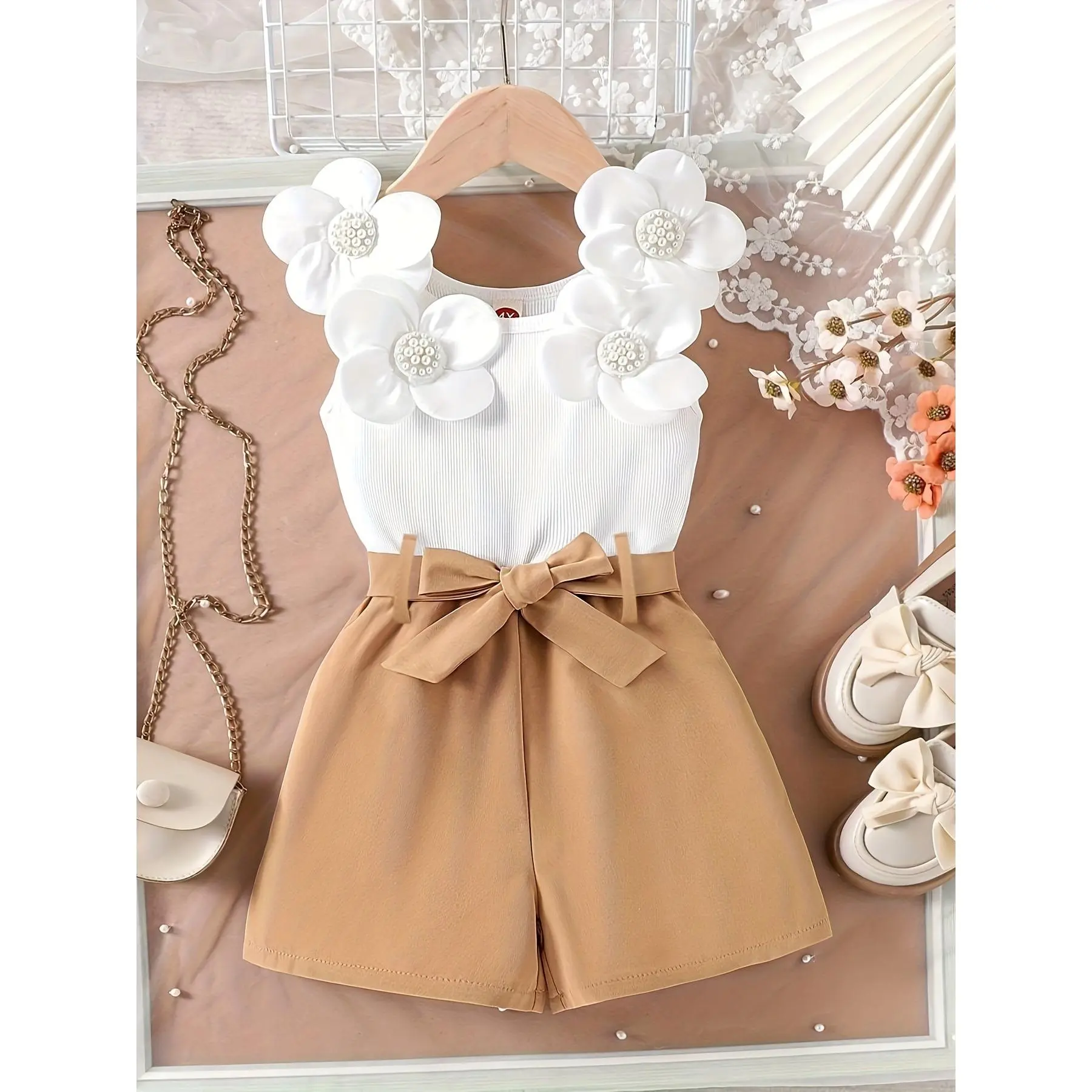 Girls Jumpsuit With 3D Flower Decor & Matching Belt – Sweet Elegant Style, Eye-catching 3D Floral Design, Waist Belt For Slim Silhouette, Perfect For Spring & Summer. Kids Girls Apparel, Exquisite Toddler Outfit, Ideal For Daily Street Wear & Banquet Occa