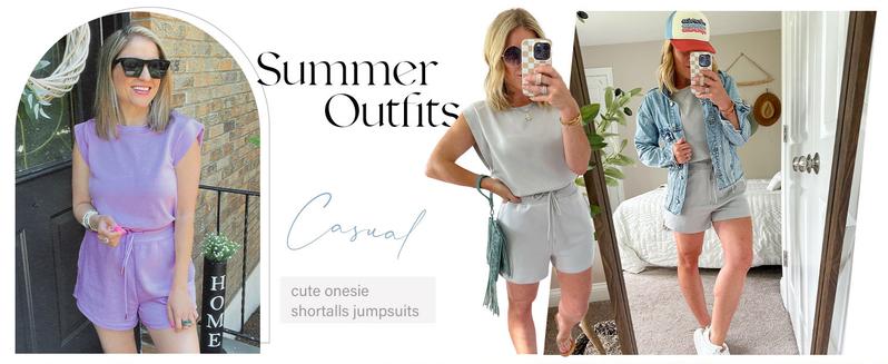 OFEEFAN Rompers for Women Summer Cap Sleeve Adjustable Drawstring Waistband Crewneck Casual Outfits with Pockets