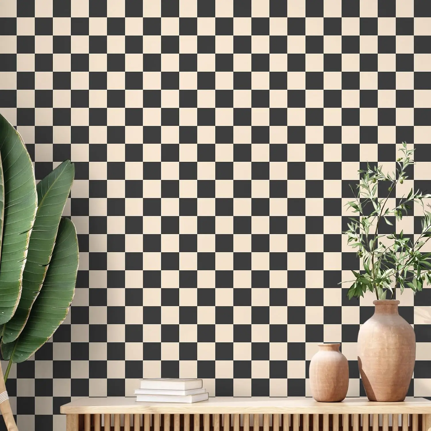 Black Brown Checkered Peel and Stick Wallpaper Gingham Plaid Funky Checkered Contact Paper Waterproof Checkerboard Decor for Bathroom Cabinet(15.75'' x 118")