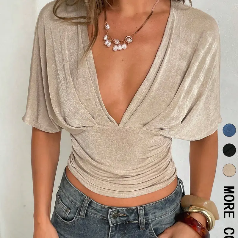 Women's Batwing Deep V Folded Short Sleeve Slim Fit Waist T-Shirt Top, Casual Everyday Tops, Casual Daily Wear, Feminine, Perfect for Dates and Parties, Plain Pattern, Minimalist, No Zipper or Button