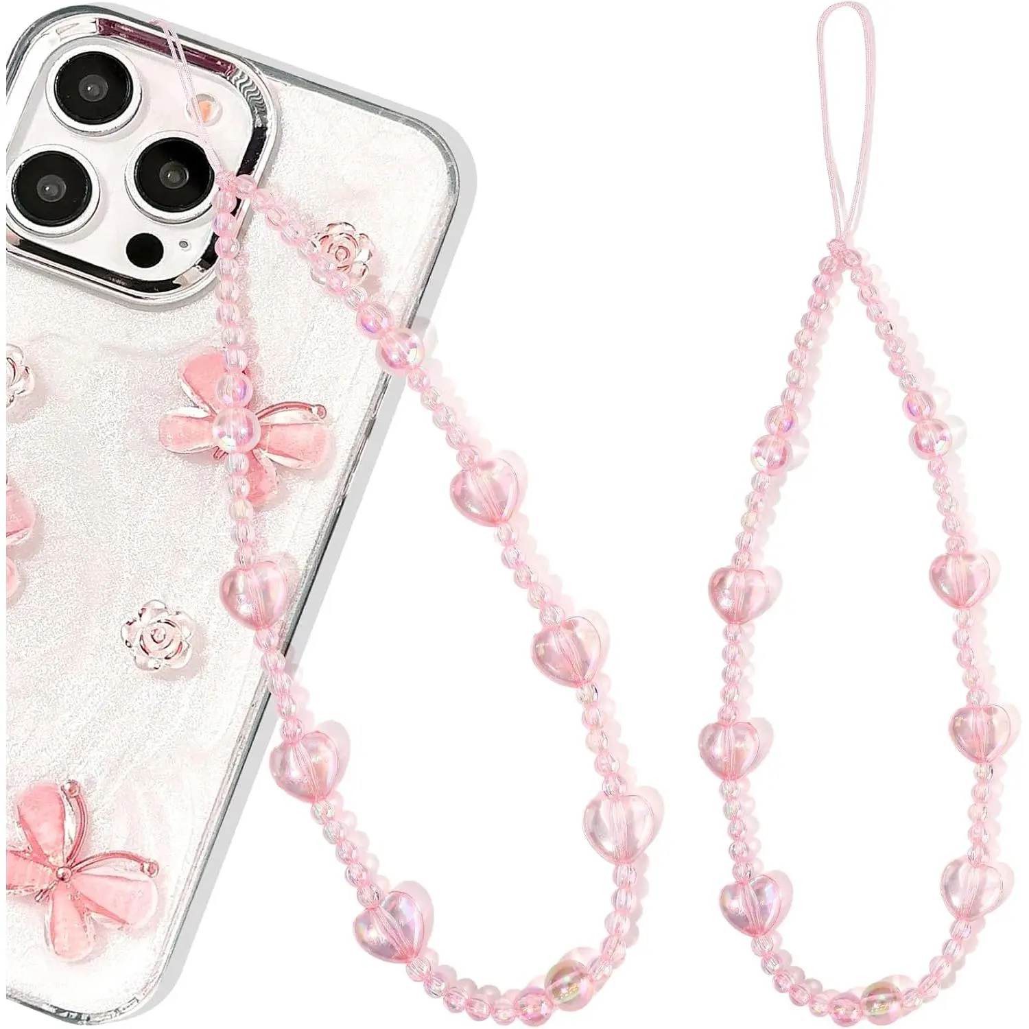 Shiny Bead Aesthetic Synthetic Phone Charm Strap (Model 1) - Mobile Phone Case Accessories with Bow, Strawberry, Cherry Charms, Lanyard Chain String