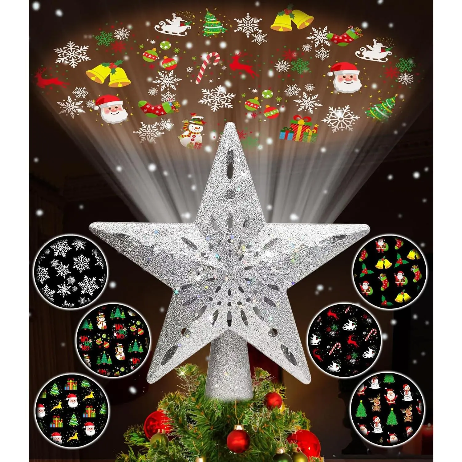Christmas Tree Topper Lighted, Tree Topper with Projector -in LED Rotating Lights with 6 Projection Modes, Glitter Dynamic Projection Christmas Decorations ()