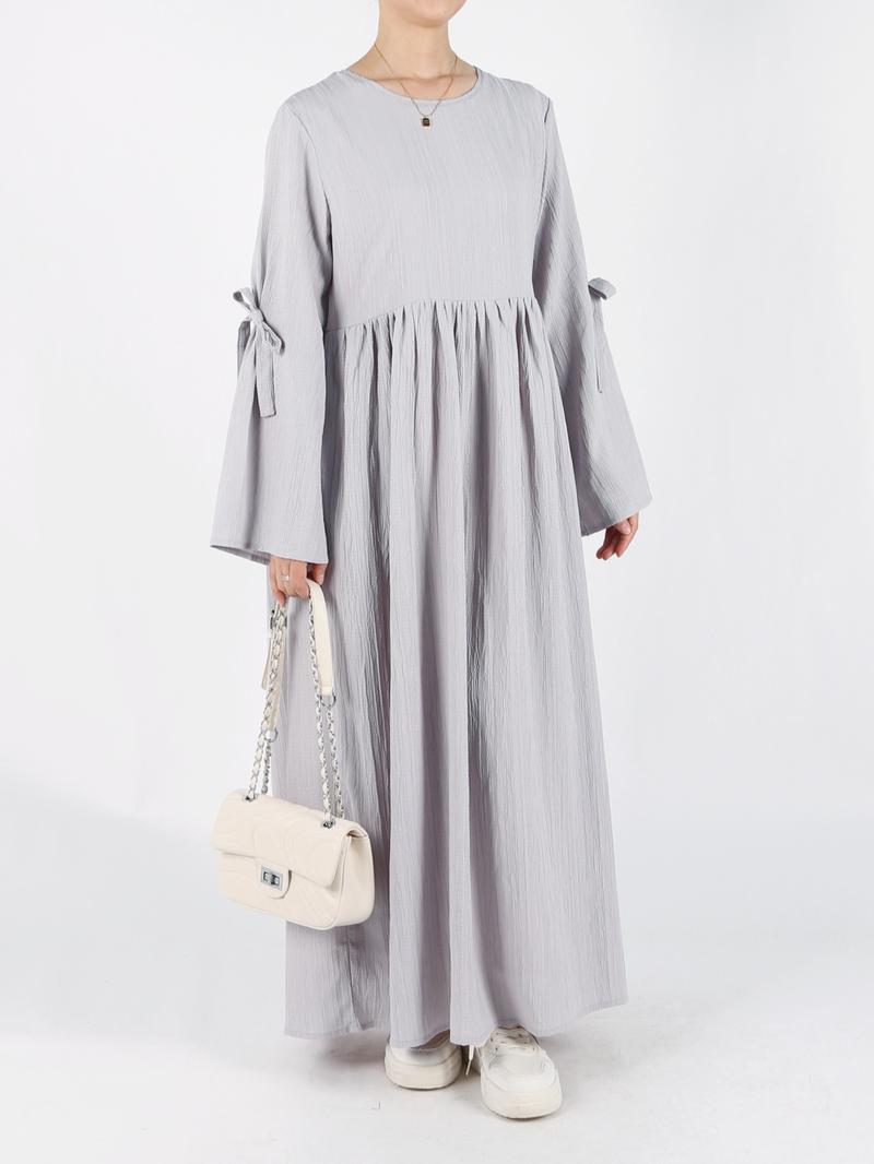 Women's Plain Bow Decor Flounce Sleeve Pocket Smock Dress, Casual Long Sleeve Round Neck Zipper Back Dress for Daily Wear, Ladies Clothes for All Seasons