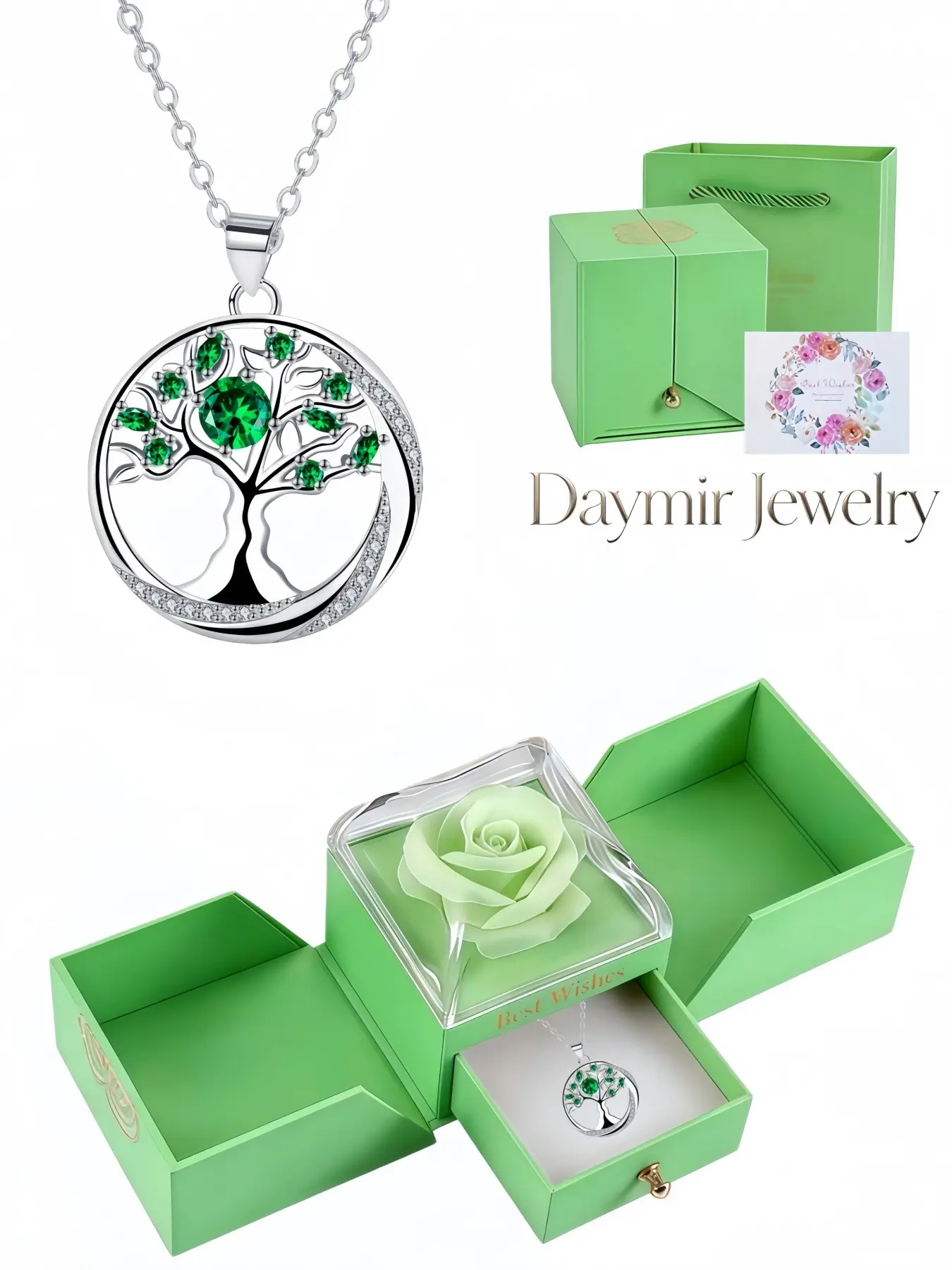 Forest Guardian Necklace, minimalist light luxury tree of life pendant with sparkling gems. Packaged in fancy double-door preserved rose jewelry box, ideal gift for dates, Valentine’s Day and Christmas.