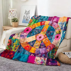 1pc  Colorful Patchwork Peace Sign Flannel Blanket - Soft Bedspread with Multicolor Squares ( Base), - Couch Bed Car Office Use, Boys Girls Birthday Valentine's Gift, Machine Washable Bedding